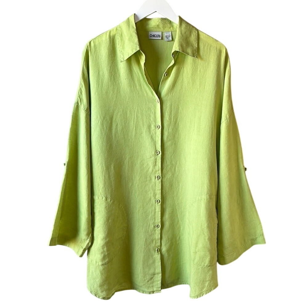 Chico's Women's 100% Linen Lime Green Lagenlook‎ Tunic Button Down Shirt Sz 2/12